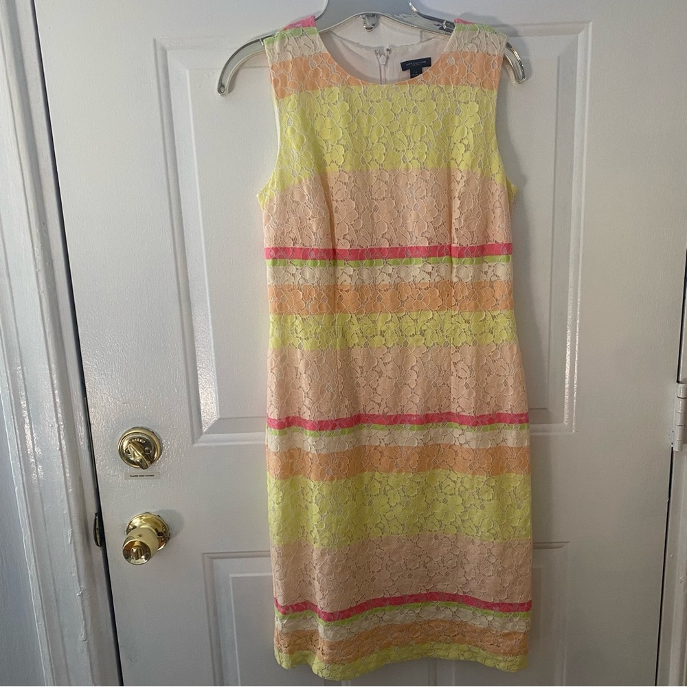 Ann Taylor pastel sleeveless lace lined shift dress 2 yellow pink